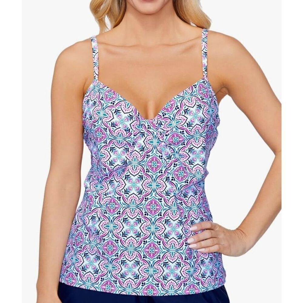 Island Escape Underwire Tankini Mandala Swim Top Full Bust Support Women Size 12